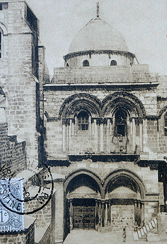 Entrance to Church of Holy Sepulchre, old postcard, circa 1906, Jerusalem, Palestine