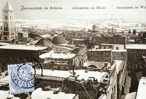 Jerusalem under snow, circa 1906, old postcard, at that time Palestine, now Israel