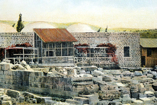 Capernaum before the restoration of the synagogue, circa 1906, old postcard, at that time Palestine, now Israel