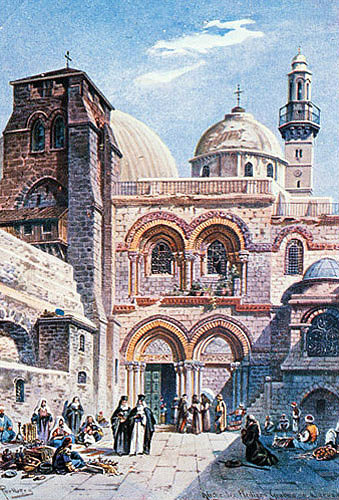 Church of the Holy Sepulchre, painted circa 1906, old postcard, Jerusalem, at that time Palestine, now Israel