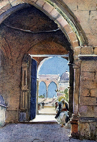 Temple Mount seen through archway, 1926 watercolour by Pierre Vignal, Jerusalem, Palestine