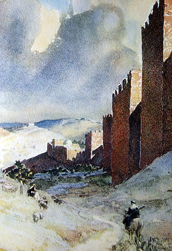 City Walls looking south, 1926 watercolour by Pierre Vignal, Jerusalem, Palestine