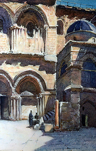 Church of the Holy Sepulchre, entrance, painting by Pierre Vignal, 1926, Jerusalem, at that time Palestine, now Israel