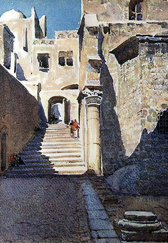 One of the entrances to the Church of the Holy Sepulchre, 1926 watercolour by Pierre Vignal, Jerusalem, Palestine