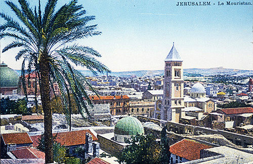 Tower of Church of Redeemer, Dome of Holy Sepulchre, Jerusalem, old postcard, at that time Palestine, now Israel