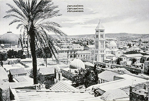 Tower of Church of the Redeemer, dome of Church of the Holy Sepulchre beyond palm trees, old postcard, Jerusalem, Palestine