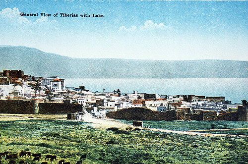 Tiberias, view of city walls, Sea of Galilee beyond, old postcard, Palestine