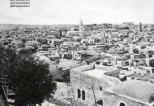 Tower of Church of the Redeemer, dome of Church of the Holy Sepulchre on right, old postcard, Jerusalem, Palestine