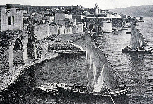 Fishing boats on Sea of Galilee at Tiberias, old postcard, Palestine