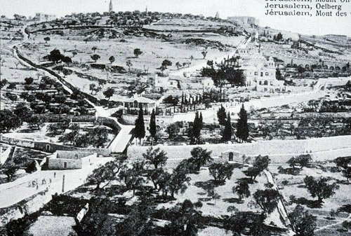 Mount of Olives and Russian Orthodox Church of Mary Magdelene, built 1888, old postcard, circa 1906, Jerusalem, Palestine