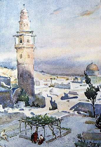 View from Mount Zion, 1926 watercolour by Pierre Vignal, Jerusalem, Palestine