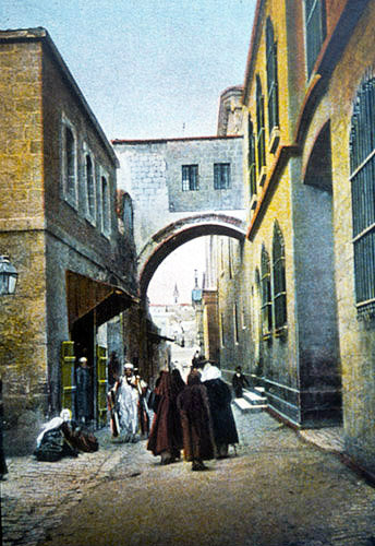 Ecce Homo arch, Via Dolorosa, circa 1908, old postcard, Jerusalem, at that time Palestine, now Israel