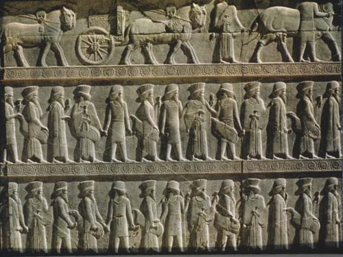 Apadana (audience hall) 515-485 BC, sculpted frieze of tributary peoples on staircase, Persepolis, Iran