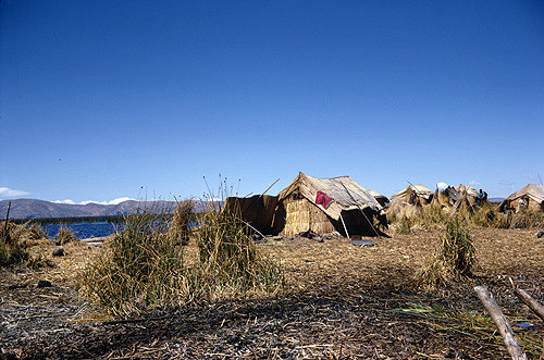 Peru, floating island made entirly from reeds on Lake Titicaca