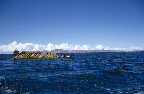 Peru, Lake Titicaca man in boat collecting reeds