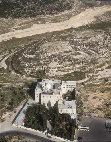 Mar Elias,  6th century Greek Orthodox monastery, rebuilt 1160, between Jerusalem and Bethlehem, aerial view, Israel