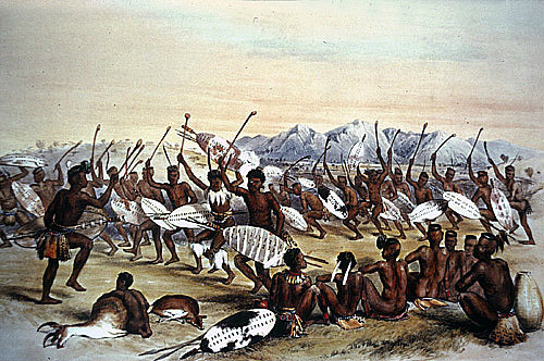 South Africa, Durban, Zulu hunting dance near Engooi Mountains by G F Angas 1849, Killie Campbell Africana Library