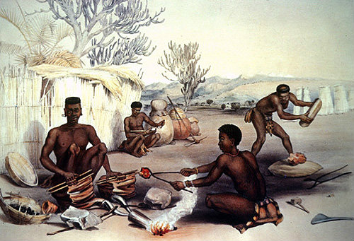 South Africa, Durban, Zulu blacksmiths at work by G F Angas 1849 in Killie Campbell Africana Library
