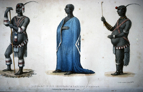South Africa, King Dingane in his ordinary and dancing dresses from Narrative of a Journey to the Zoolu country in South Africa by Captain Allen F Gardiner 1836 Durban Municipal Library
