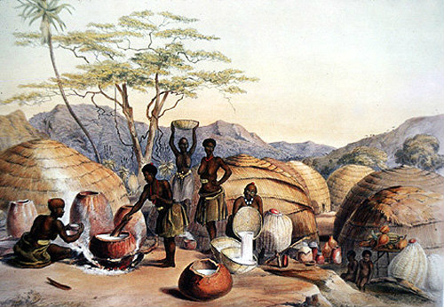 South Africa, Durban, Gudus Kraal at Tugela, women making beer by G F Angas 1849 in the Killie Campbell Africana Libary