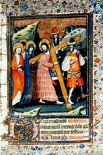 Christ carrying the Cross, fourteenth century illumination from Book of Hours, South African Library, Capetown, South Africa