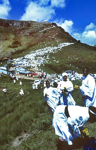 Annual Shembe pilgrimage procession to top of Nhlangakazi mountain, mecca of Nazareth Baptist Church, Natal, South Africa