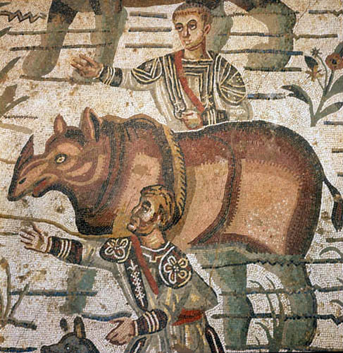 Rhinoceros being captured for Roman games,  third to fourth century Roman floor mosaic in imperial  villa at Piazza Armerina, Sicily