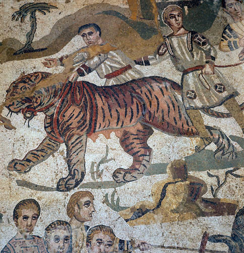 Tigress being captured for Roman games, third to fourth century Roman floor mosaic in imperial villa at Piazza Armerina, Sicily