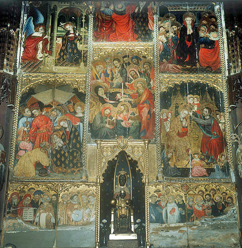 Reredos, fourteenth century, with scenes from the life of Virgin, and copy of the Black Virgin of Montserrat, Tarragona Cathedral, Spain