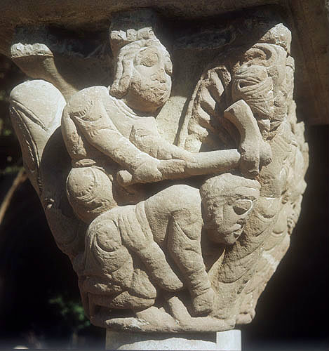 Cain murdering Abel, Romanesque capital, San Juan de la Pena, Spain
