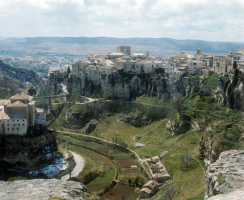 Cuenca, north east aspect of part of old city with Huecar Gorge below, Castilla-La Mancha, Spain
