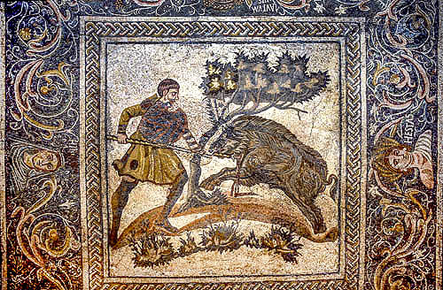 Man spearing boar, Roman mosaic, Merida, Spain