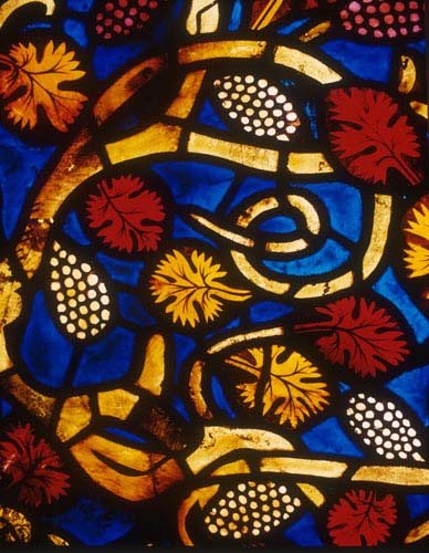 Vine with grapes, 16th century stained glass, south nave aisle, Leon Cathedral, Spain