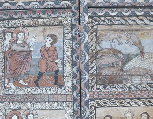 Jesus drives devils into the Gadarene swine, 12th century Romanesque wall painting, Church of St Martin, Zillis, Switzerland