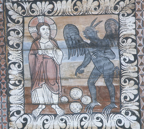 First temptation of Christ by the Devil, 12th century Romanesque painting on wooden ceiling of St Martins Church, Zillis, Switzerland