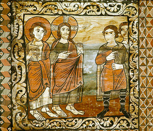 Switzerland, Zillis, St Martins Church, Christ heals the Centurion, 12th century Romanesque painting on the church ceiling