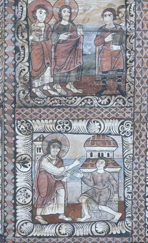 Jesus heals a deaf and dumb man and Jesus cures the centurions servant,12th century Romanesque wall paintings, Church of St Martin, Zillis, Switzerland 