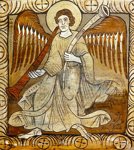 Switzerland, Zillis, St Martins Church, an angel of the Apocalypse as the South Wind, 12th century painting on the church ceiling