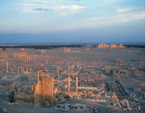 General view over ruins at sunset, Palmyra, Syria