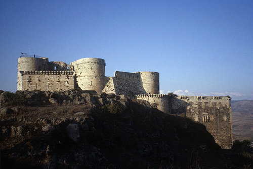 Krak des Chevaliers, crusader castle built by the Hospitaller order of St John of Jerusalem, 1142-1170, view of castle from south west, Syria