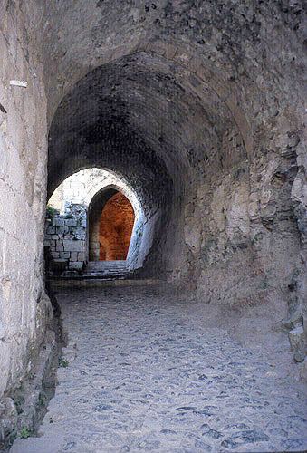 Krak des Chevaliers, crusader castle built by the Hospitaller order of St John of Jerusalem, 1142-1170, vaulted passage in  castle, Syria