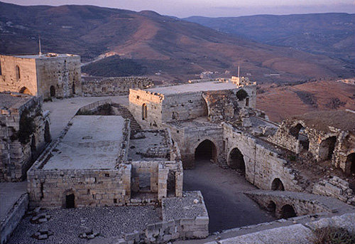 Krak des Chevaliers, crusader castle built by the Hospitaller order of St John of Jerusalem, 1142-1170, view south over courtyard and towers, Syria