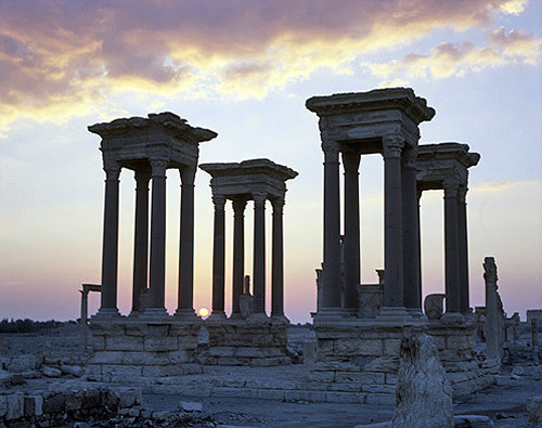Syria, Palmyra, the Tetrapylon at sunrise