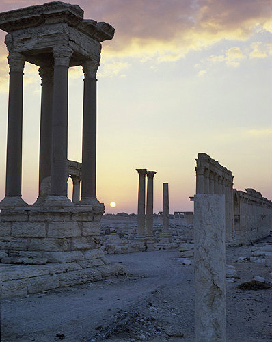 Syria, Palmyra, part of the Tetrapylon and colonnaded street at sunrise