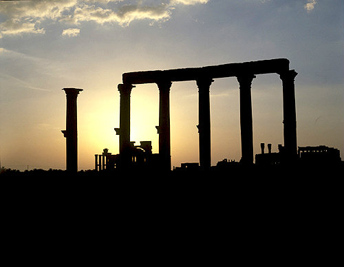 Syria, Palmyra sunrise over the ruins, Temple of Bel on right side