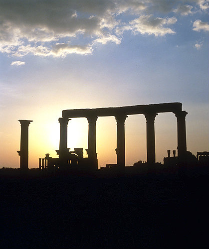 Syria, Palmyra sunrise over the temple of Bel