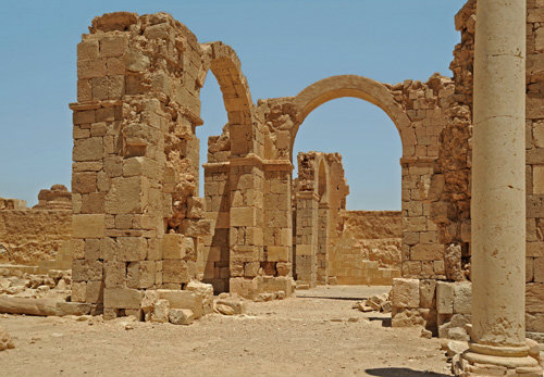 View of early eighth century mosque in south east corner of larger (western) complex of Qasr al-Hayr east, Umayyad castle in desert of Syria