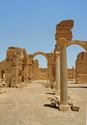 View of early eighth century mosque in south east corner of larger (western) complex of Qasr al-Hayr east, Umayyad castle in desert of Syria