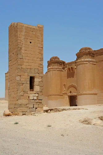 Square minaret and west entrance of east complex, early eighth century, Qasr al-Hayr east, Umayyad castle in desert of Syria