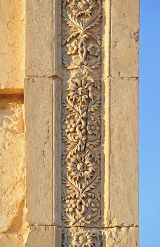 Detail of carving of flowers and leaves on funerary temple (late second century AD) at north west end of colonnaded street, Palmyra, Syria